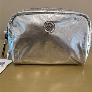 Tory Burch Silver Metallic Cosmetic Bag with Logo- NWT